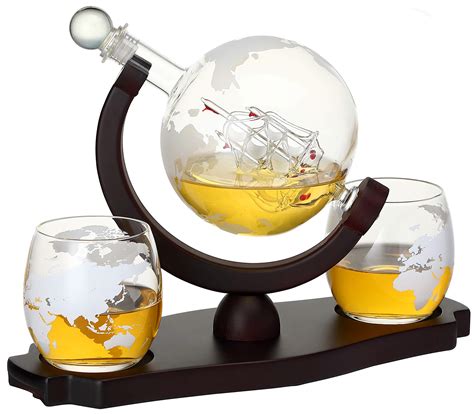 Verolux Whiskey Globe Decanter Set With 2 Etched Globe Glasses In T