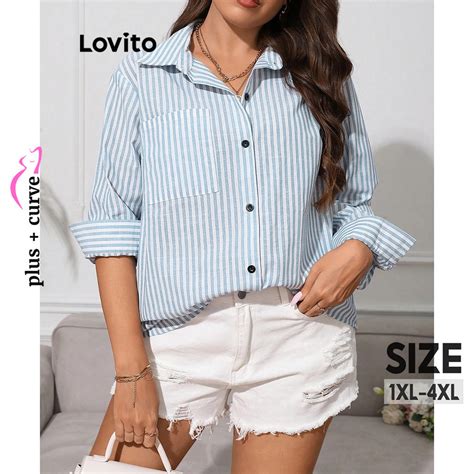 Lovito Women Plus Size Curve Casual Striped Button Pattern Blouse