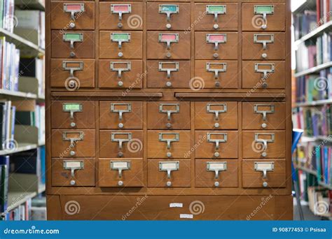 An Old Style Wooden Cabinet Of Library Card Or File Catalog Ind Stock