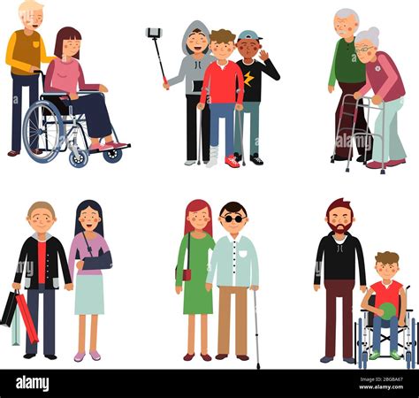 Disabled Person With His Helpful Friends Or Volunteers Vector Flat