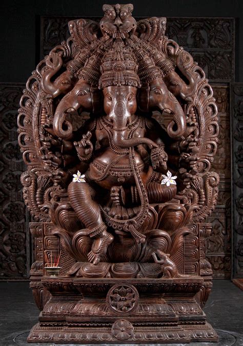 Sold Wooden 5 Headed Ganesha Panchamukha Ganesh Statue Hand Carved In