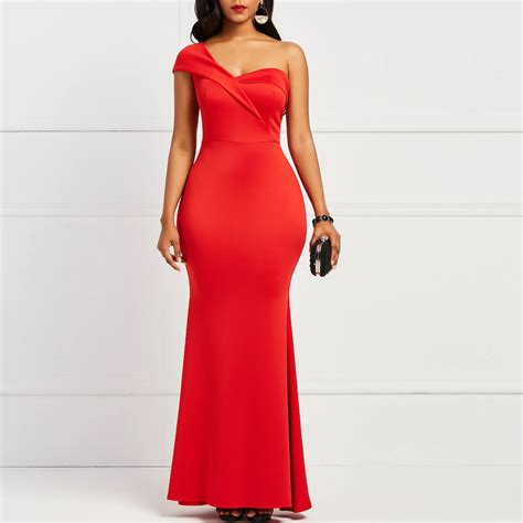 Women Bodycon Red Dress 2019 Long Maxi Mermaid Sexy Dresses One Shoulder Dinner Dress Summer