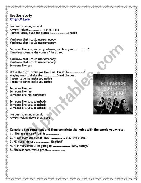 Song: Use somebody by Kings of Leon - ESL worksheet by VeronicaW