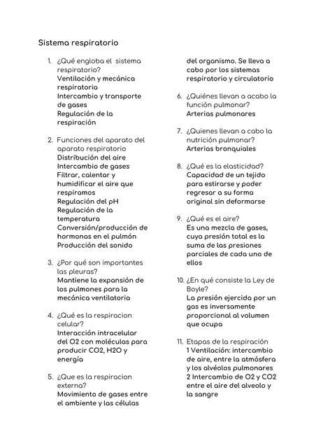 Cuestionario De La Fisiologia Del Sistema Respiratorio Dylan Antonio