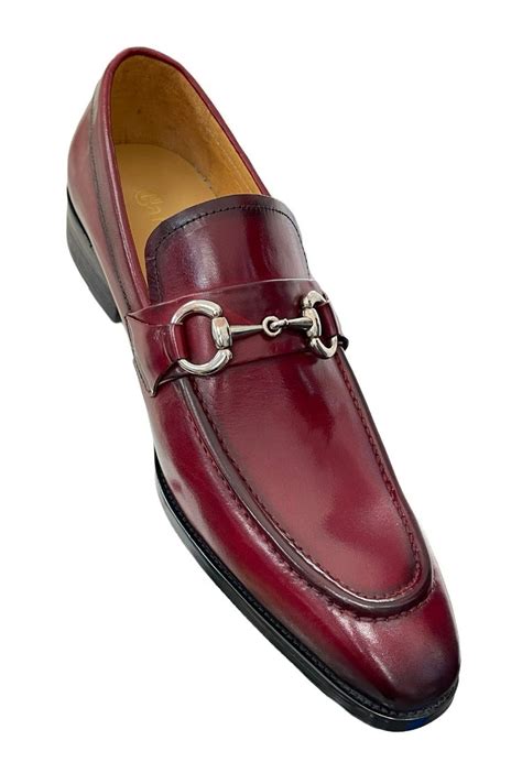 Carrucci Burgundy Leather Mens Slip On Dress Shoes Silver Buckle