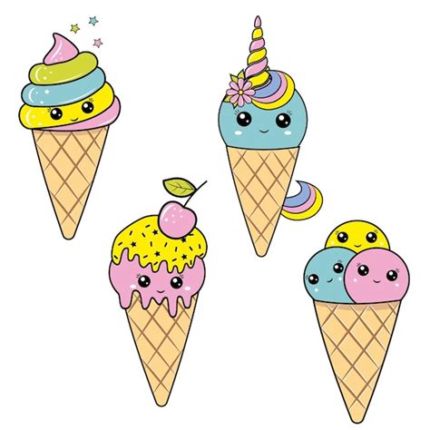 Postre Kawaii De Helado De Unicornio En Una Ilustración De Vector De