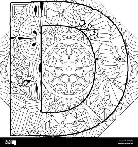 Zentangle Stylized Alphabet Letter D On Mandala Vector Illustration