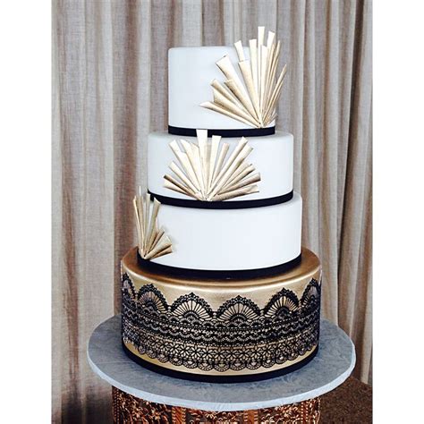 Art Deco Wedding Cake With Gold Lustred Tier And Sugarveil Lace By