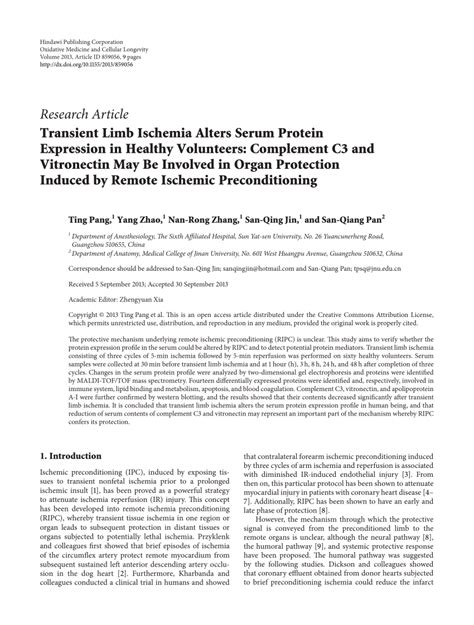 Pdf Transient Limb Ischemia Alters Serum Protein Expression In