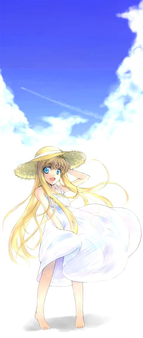 Safebooru 1girl Air Barefoot Blonde Hair Blue Eyes Dress Hair Down Hara Takehito Hat Highres