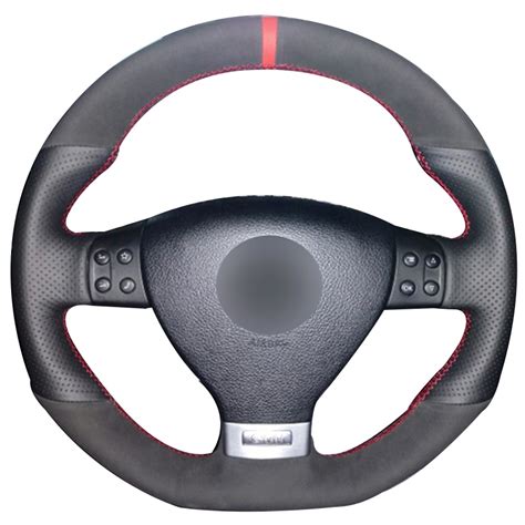 Black Synthetic Leather Black Suede Red Marker Steering Wheel Cover For