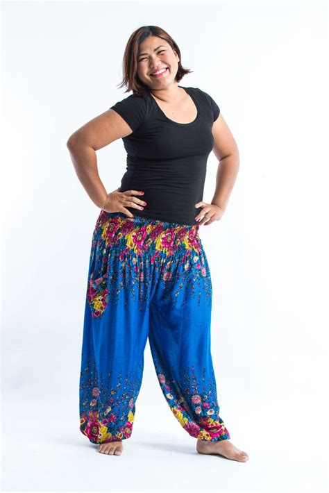 Plus Size Floral Womens Harem Pants In Ocean Blue