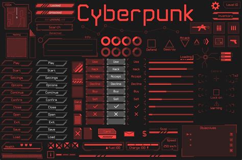 Set Of Ui And Hud Game Ready Elements In Digital And Cyberpunk Style