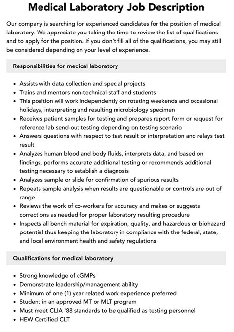 Medical Laboratory Job Description Velvet Jobs