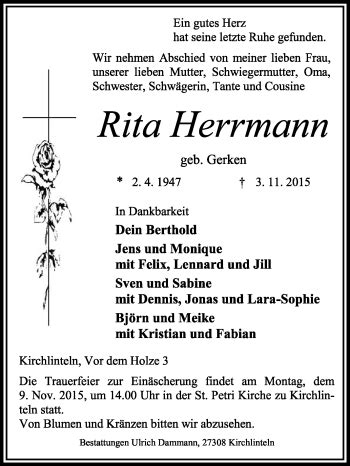 Traueranzeigen Von Rita Herrmann Trauer Kreiszeitung De