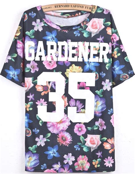 Black Short Sleeve Floral Letters 35 Print T Shirt Us 18 63 T Shirts For Women Printed Tee