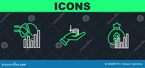 Set Line Money Bag And Diagram Graph Pie Chart Infographic And Hand