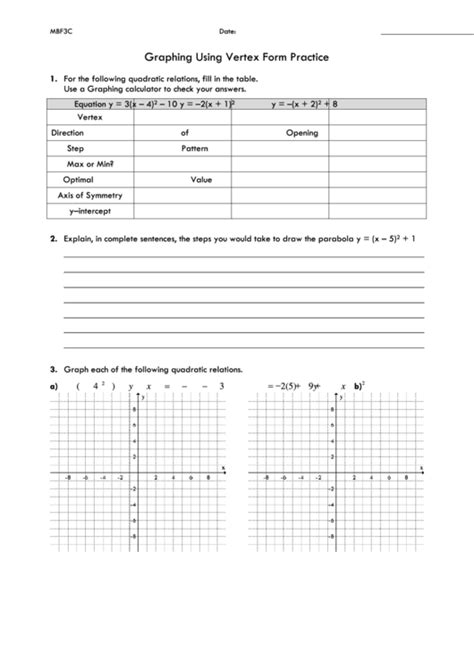 Graphing Using Vertex Form Practice printable pdf download