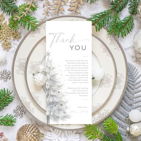 Christmas Dinner Menu Card Template, Holiday Place Card Thank You, Silver Christmas Tree, Napkin ...