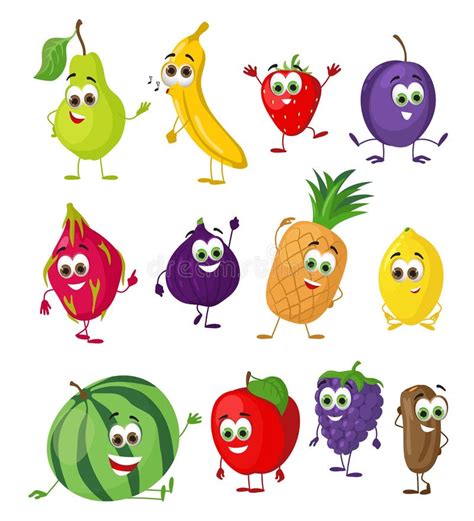 Set Of Funny Fruits With Eyes Cartoon Funny Fruits Character Stock