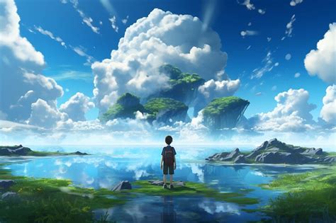 Premium AI Image | An anime boy explores floating islands