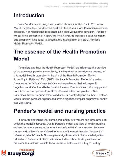 Nola J Pender S Health Promotion Model In Nursing Free Essay Example