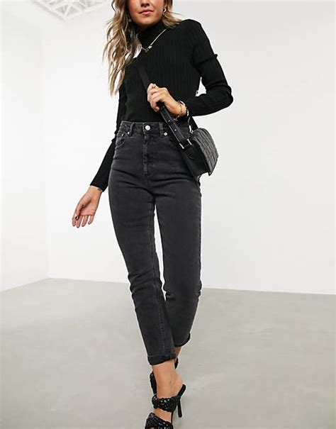 Asos Design High Rise Farleigh Slim Fit Mom Jeans In Washed Black Asos