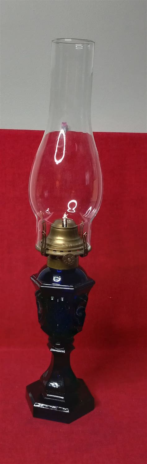 Antique Cobalt Blue Sandwich Glass Whale Oil Lamp In The Waffle Hearts And Moon Pattern Etsy