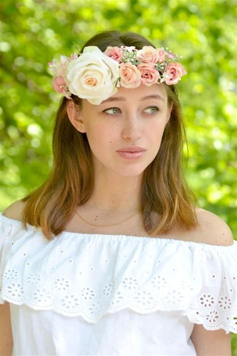 Wedding Flower Crown Peach Pink Rose Hair Bridal Crown White Floral Head Wreath Roses Halo