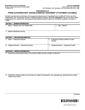 Fillable Online Dhs Wisconsin PRIOR AUTHORIZATION DURABLE MEDICAL