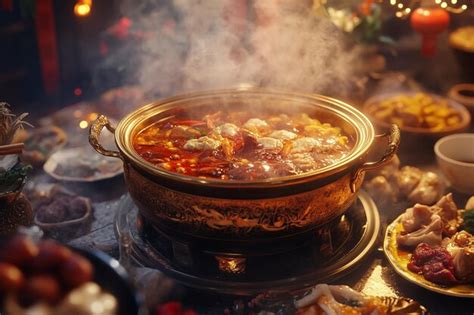 Traditional Chinese Hot Pot Being Enjoyed Premium AI Generated Image