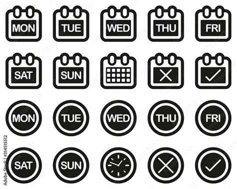 Days Of The Week Icons White On Black Sticker Set Big Stock Vector | Adobe Stock