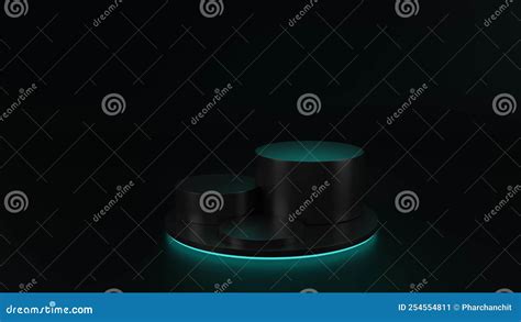 3d Render Of Cylinder Podium With Blue Neon Lights On Dark Background