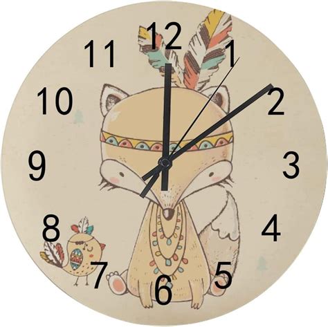 Skysonic Wooden Round Wall Clock Cute Tribal Fox In Indian Headband Non Ticking Battery Operated