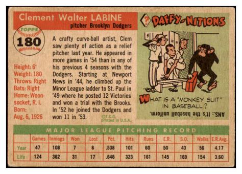 1955 TOPPS 180 CLEM LABINE DODGERS VG EX 477922 KYCARDS EBay