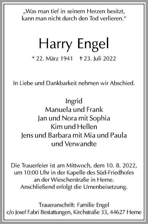 Traueranzeigen Von Harry Engel Trauer In Nrw De