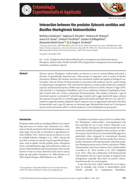 Pdf Interaction Between The Predator Xylocoris Sordidus And Bacillus