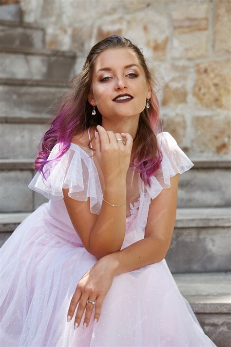 Premium Photo Portrait Of A Bride With Purple Hair Close Up A Woman