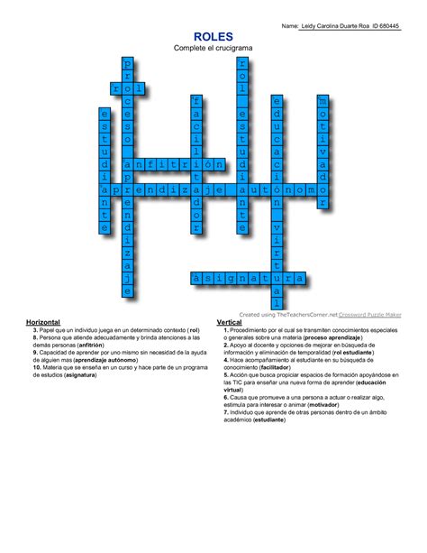 Crucigrama ROLES Complete El Crucigrama Name Leidy Carolina Duarte
