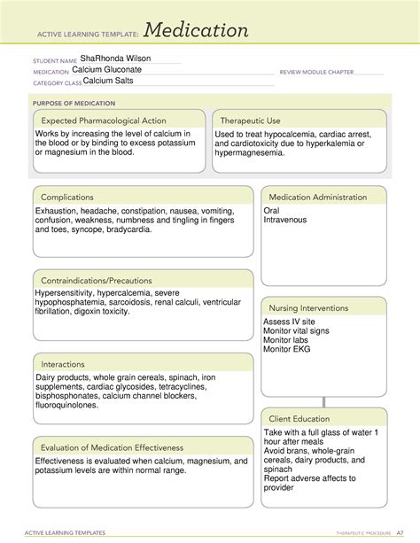 Calcium Gluconate Medication Template