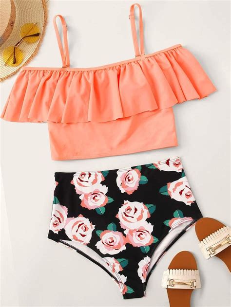 Ruffle Hem Top With Floral Tankini Set Floral Tankini Tankini Set