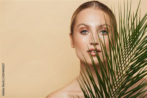 Blonde Woman Posing Naked With Green Nature Leaf Plant Stock Photo Adobe Stock