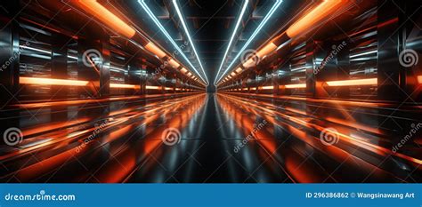 Futuristic Scifi Tunnel Corridor With Glowing Lights 3d Rendering Stock