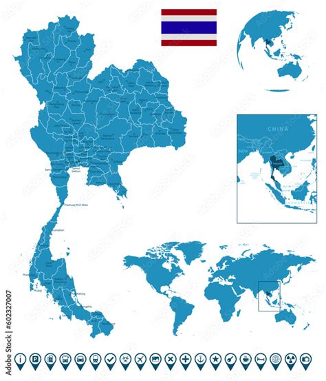 Thailand - detailed blue country map with cities, regions, location on world map and globe ...