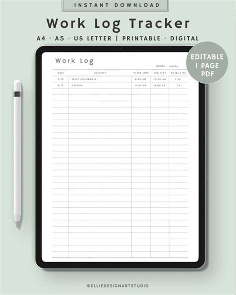 Editable Work Log Work Log Printable Time Spent Tracker Etsy