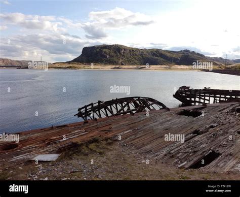 Old Shipwreck Or Abandoned Shipwreck Broken Fishing Ship Lies On Its