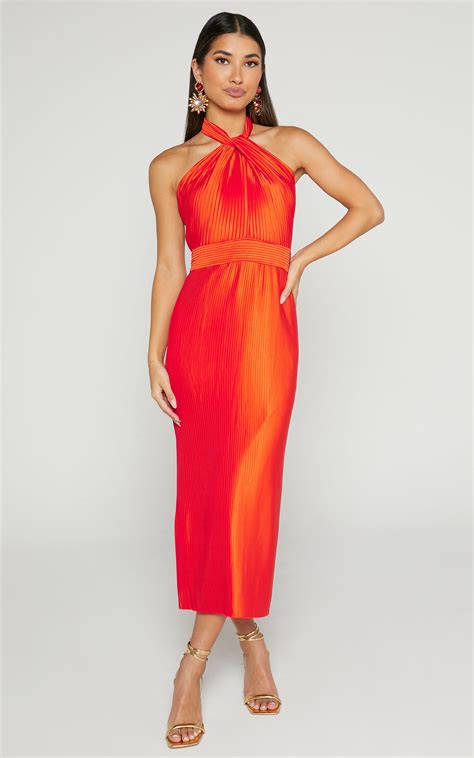 Marlette Midi Dress Pleated Open Back Halter Dress In Orange Showpo Usa