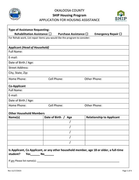 Okaloosa County Florida Application For Housing Assistance Ship Housing Program Fill Out