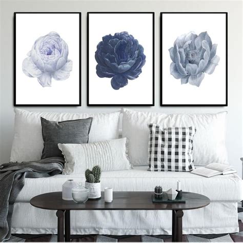 Set Of 3 Prints Blue Wall Art Blue Flowers Print Set Of 3 Etsy Blue