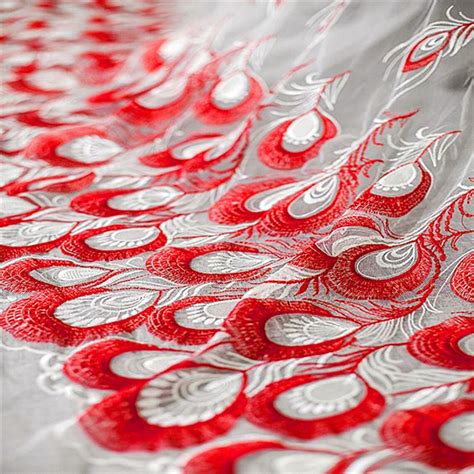 1 Yard Red Feather Lace Fabric Peacock White Feathers Etsy Uk